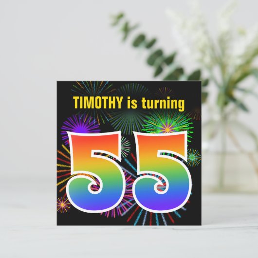 Fun Fireworks + Rainbow Pattern "55" Birthday # Kaart (Staand voorkant)