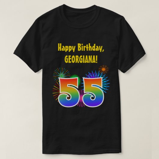 Fun Fireworks + Rainbow Pattern "55" Birthday # T-shirt (Design voorkant)