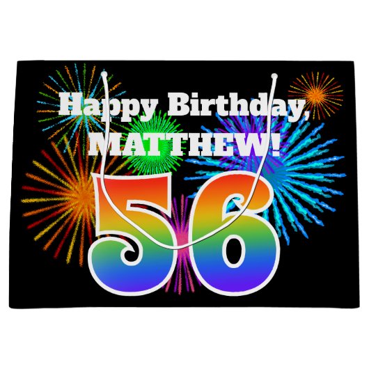 Fun Fireworks + Rainbow Pattern "56" Birthday # Groot Cadeauzakje (Voorkant)