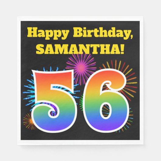 Fun Fireworks + Rainbow Pattern "56" Birthday # Servet (Voorkant)