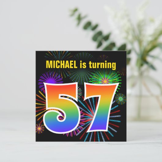 Fun Fireworks + Rainbow Pattern "57" Birthday # Kaart (Staand voorkant)