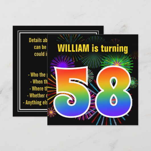 Fun Fireworks + Rainbow Pattern "58" Birthday # Kaart (Voorkant / Achterkant)