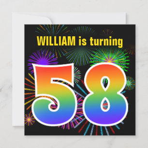 Fun Fireworks + Rainbow Pattern "58" Birthday # Kaart