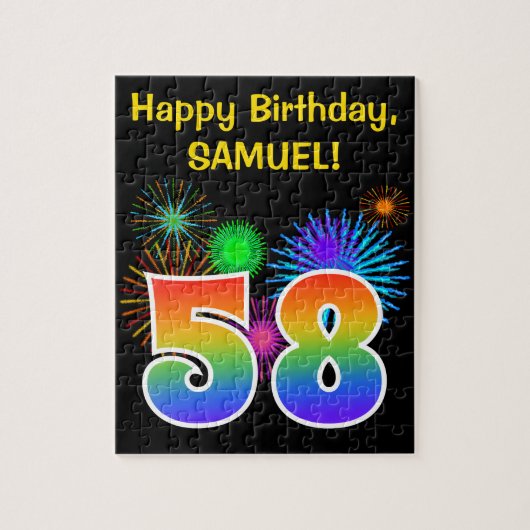 Fun Fireworks + Rainbow Pattern "58" Birthday # Legpuzzel (Verticaal)