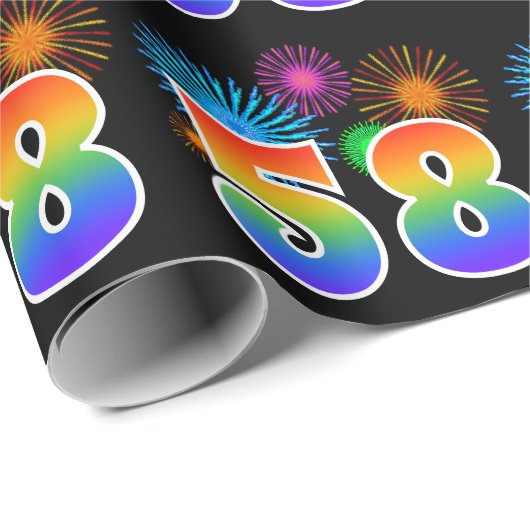 Fun Fireworks + Rainbow Pattern "58" Event Number Cadeaupapier (Rol Hoek)