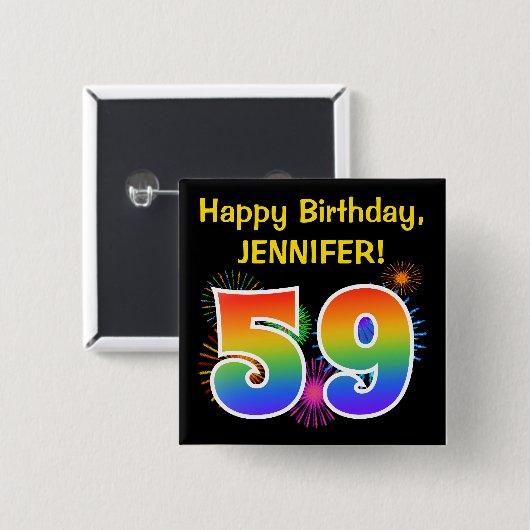 Fun Fireworks + Rainbow Pattern "59" Birthday # Vierkante Button 5,1 Cm (Voorkant /achterkant)