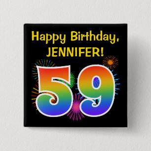 Fun Fireworks + Rainbow Pattern "59" Birthday # Vierkante Button 5,1 Cm