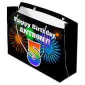 Fun Fireworks + Rainbow Pattern "5" Birthday # Groot Cadeauzakje (Achterkant Gekanteld)
