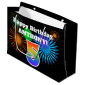 Fun Fireworks + Rainbow Pattern "5" Birthday # Groot Cadeauzakje (Voorkant Gekanteld)