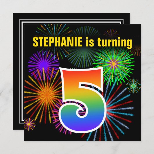 Fun Fireworks + Rainbow Pattern "5" Birthday # Kaart (Voorkant / Achterkant)