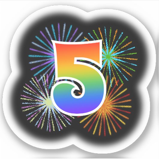 Fun Fireworks + Rainbow Pattern "5" Event # Sticker (Voorkant)