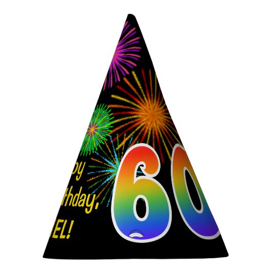 Fun Fireworks + Rainbow Pattern "60" Birthday # Feesthoedjes (Rechts)