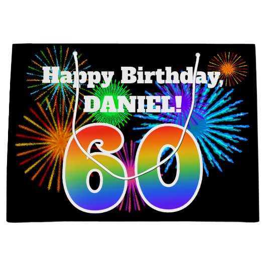 Fun Fireworks + Rainbow Pattern "60" Birthday # Groot Cadeauzakje (Voorkant)