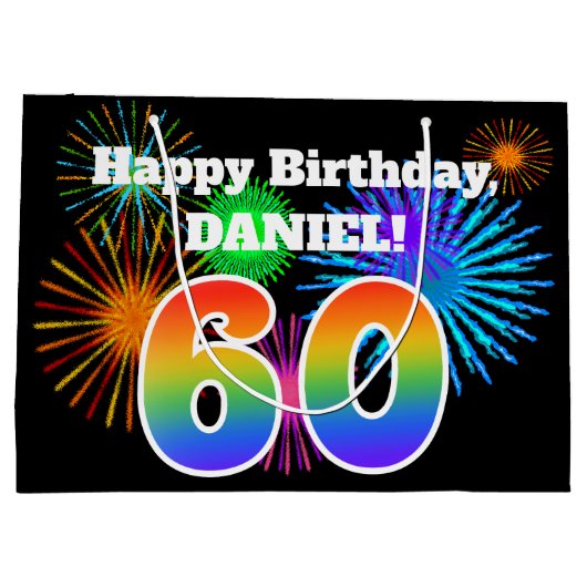 Fun Fireworks + Rainbow Pattern "60" Birthday # Groot Cadeauzakje (Achterkant)