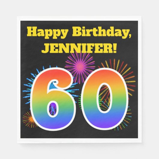 Fun Fireworks + Rainbow Pattern "60" Birthday # Servet (Voorkant)
