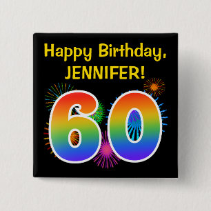 Fun Fireworks + Rainbow Pattern "60" Birthday # Vierkante Button 5,1 Cm