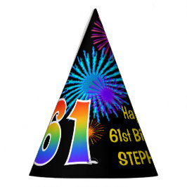 Fun Fireworks + Rainbow Pattern "61" Birthday # Feesthoedjes