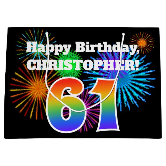 Fun Fireworks + Rainbow Pattern "61" Birthday # Groot Cadeauzakje (Voorkant)
