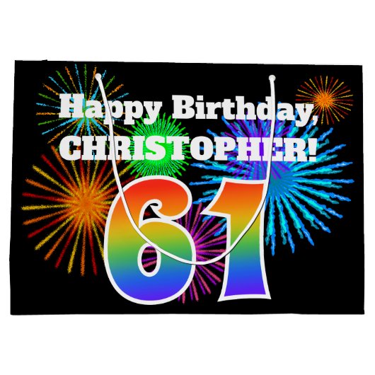 Fun Fireworks + Rainbow Pattern "61" Birthday # Groot Cadeauzakje (Achterkant)