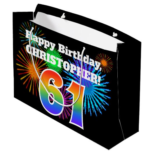 Fun Fireworks + Rainbow Pattern "61" Birthday # Groot Cadeauzakje (Achterkant Gekanteld)