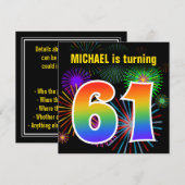 Fun Fireworks + Rainbow Pattern "61" Birthday # Kaart (Voorkant / Achterkant)