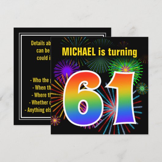 Fun Fireworks + Rainbow Pattern "61" Birthday # Kaart (Voorkant / Achterkant)