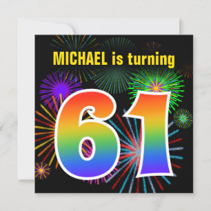 Fun Fireworks + Rainbow Pattern "61" Birthday # Kaart
