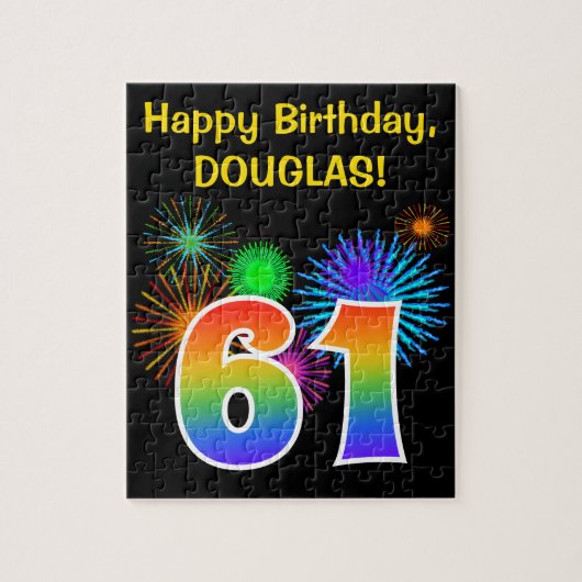 Fun Fireworks + Rainbow Pattern "61" Birthday # Legpuzzel (Verticaal)