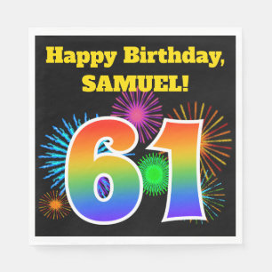 Fun Fireworks + Rainbow Pattern "61" Birthday # Servet