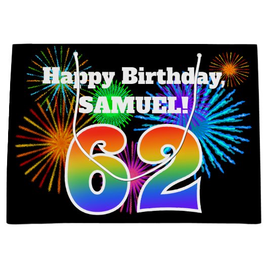 Fun Fireworks + Rainbow Pattern "62" Birthday # Groot Cadeauzakje (Voorkant)