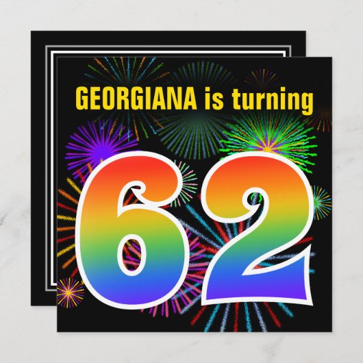 Fun Fireworks + Rainbow Pattern "62" Birthday # Kaart (Voorkant / Achterkant)