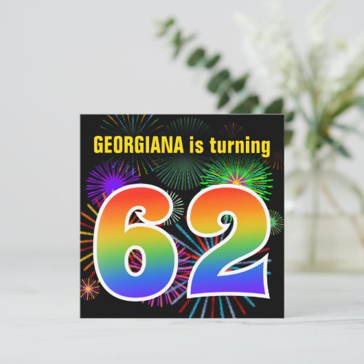 Fun Fireworks + Rainbow Pattern "62" Birthday # Kaart (Staand voorkant)