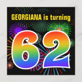 Fun Fireworks + Rainbow Pattern "62" Birthday # Kaart