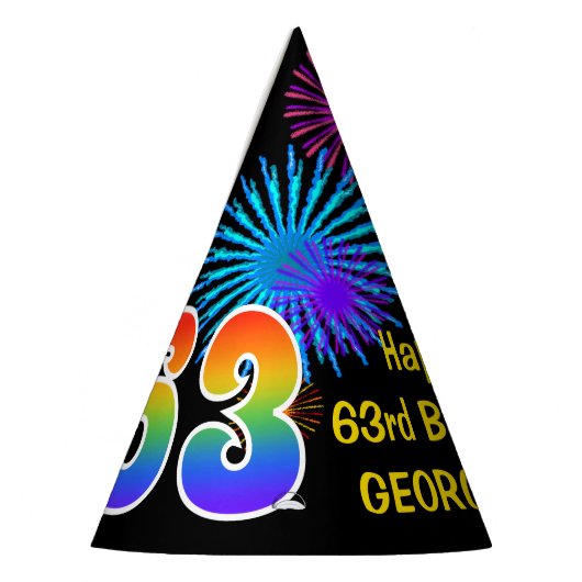 Fun Fireworks + Rainbow Pattern "63" Birthday # Feesthoedjes (Links)