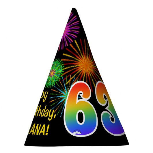 Fun Fireworks + Rainbow Pattern "63" Birthday # Feesthoedjes (Rechts)