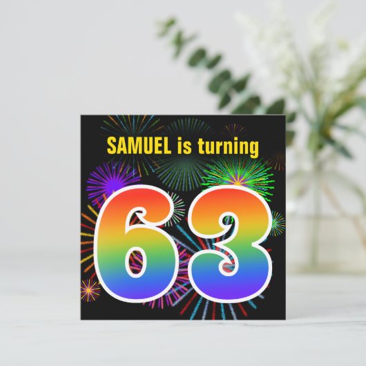 Fun Fireworks + Rainbow Pattern "63" Birthday # Kaart (Staand voorkant)