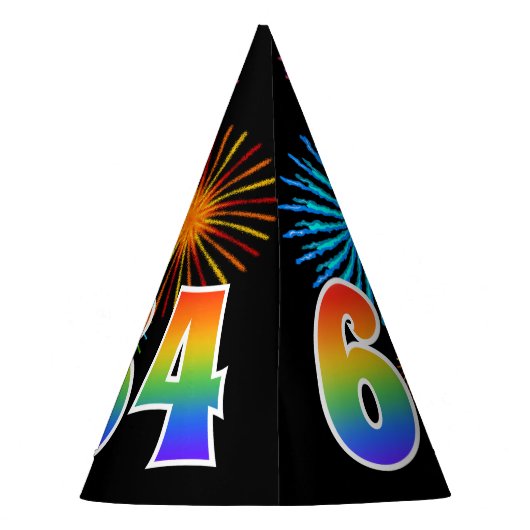 Fun Fireworks + Rainbow Pattern "64" Birthday # Feesthoedjes (Achterkant)