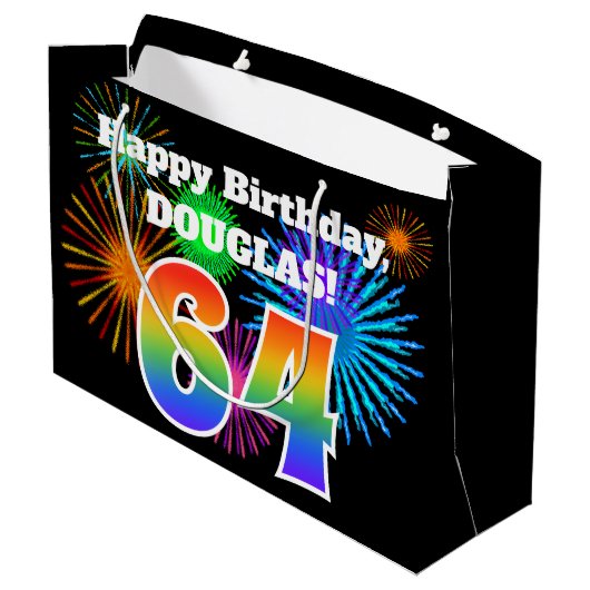 Fun Fireworks + Rainbow Pattern "64" Birthday # Groot Cadeauzakje (Achterkant Gekanteld)