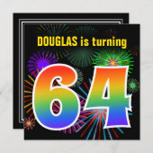 Fun Fireworks + Rainbow Pattern "64" Birthday # Kaart (Voorkant / Achterkant)