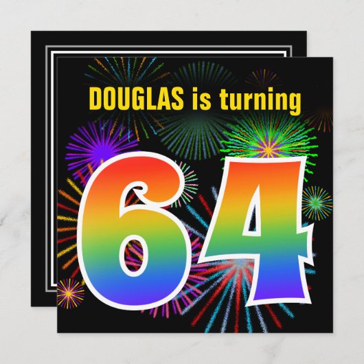 Fun Fireworks + Rainbow Pattern "64" Birthday # Kaart (Voorkant / Achterkant)