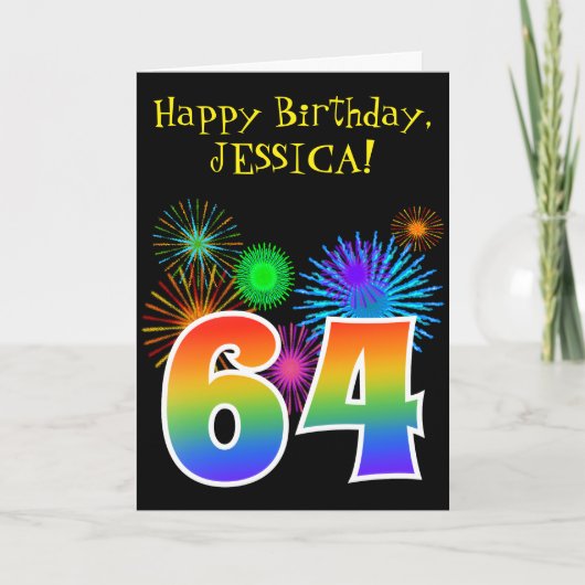 Fun Fireworks + Rainbow Pattern "64" Birthday # Kaart (Voorkant)