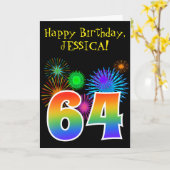 Fun Fireworks + Rainbow Pattern "64" Birthday # Kaart (Gele Bloem)