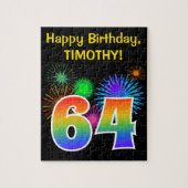 Fun Fireworks + Rainbow Pattern "64" Birthday # Legpuzzel (Verticaal)