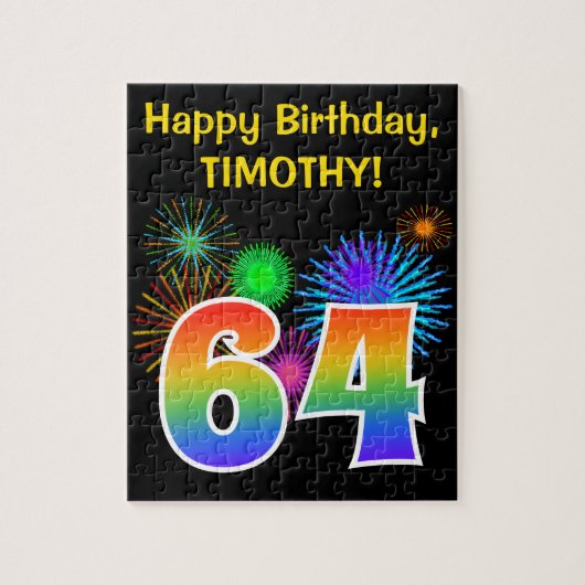 Fun Fireworks + Rainbow Pattern "64" Birthday # Legpuzzel (Verticaal)