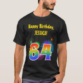 Fun Fireworks + Rainbow Pattern "64" Birthday # T-shirt (Voorkant)