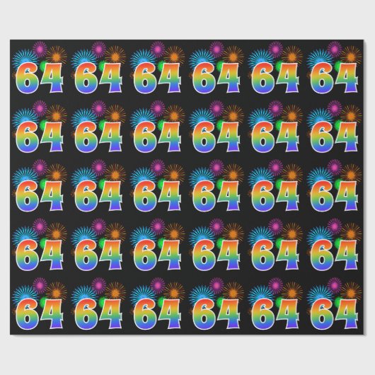 Fun Fireworks + Rainbow Pattern "64" Event Number Cadeaupapier (Vlak)
