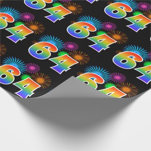 Fun Fireworks + Rainbow Pattern "64" Event Number Cadeaupapier (Hoek)
