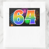 Fun Fireworks + Rainbow Pattern "64" Event Number Rechthoekige Sticker (Tas)