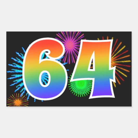 Fun Fireworks + Rainbow Pattern "64" Event Number Rechthoekige Sticker (Voorkant)