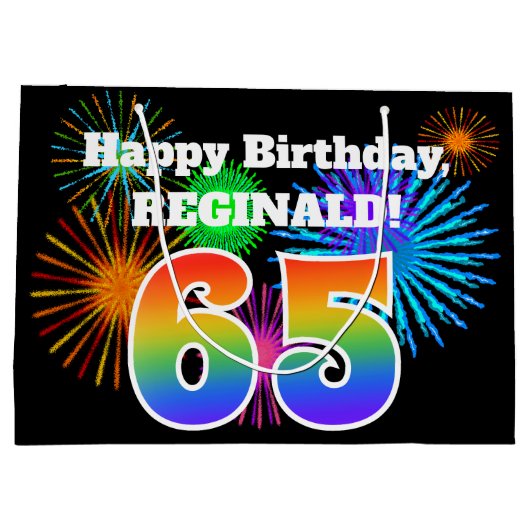 Fun Fireworks + Rainbow Pattern "65" Birthday # Groot Cadeauzakje (Achterkant)